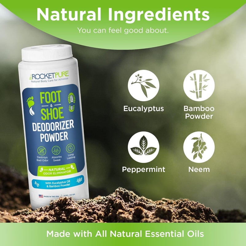 Rocket Pure Natural Foot & Shoe Deodorizer Powder - Eucalyptus Foot & Shoe Powder Odor Control - Removes, Controls & Prevents Odors - Made with Essential Oils - Made in USA (4oz, 2-Pack) - Image 3